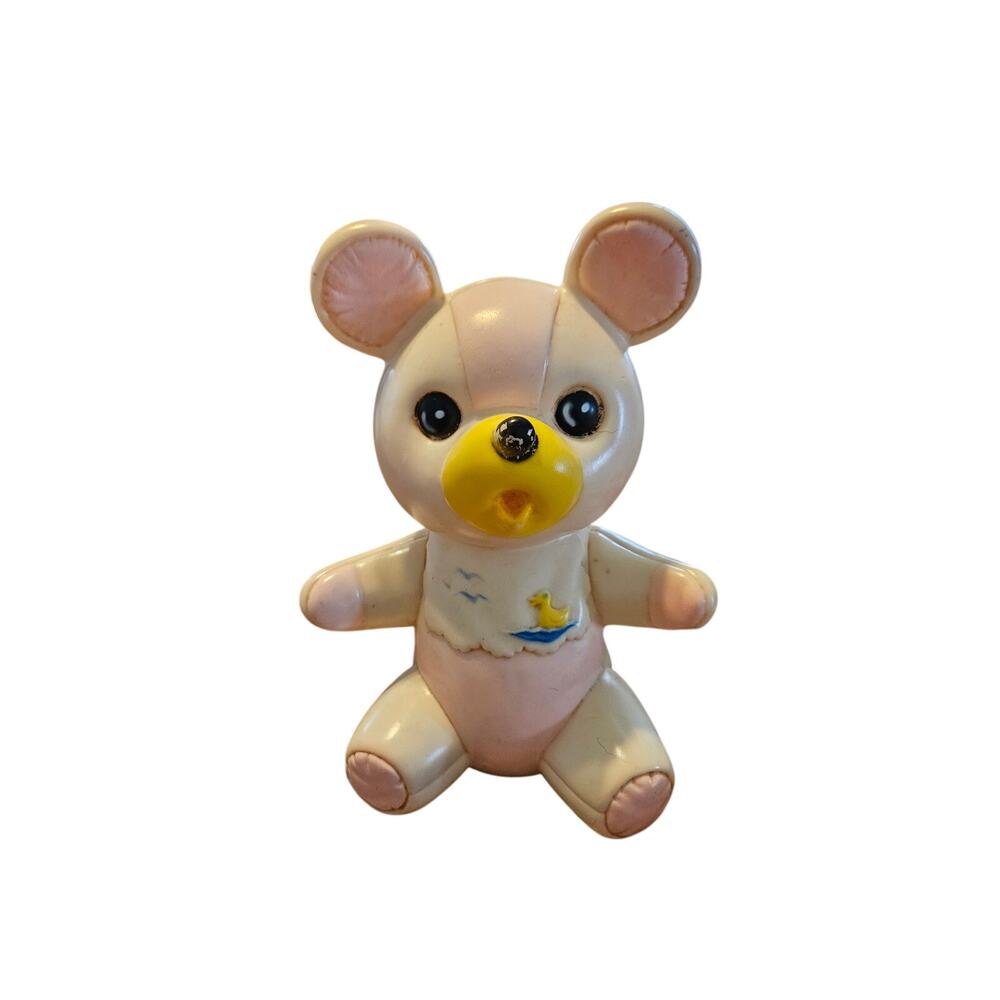 Vintage Sanitoy 1950's Rubber Squeaker Teddy Bear Bib With Duck Baby Toy works